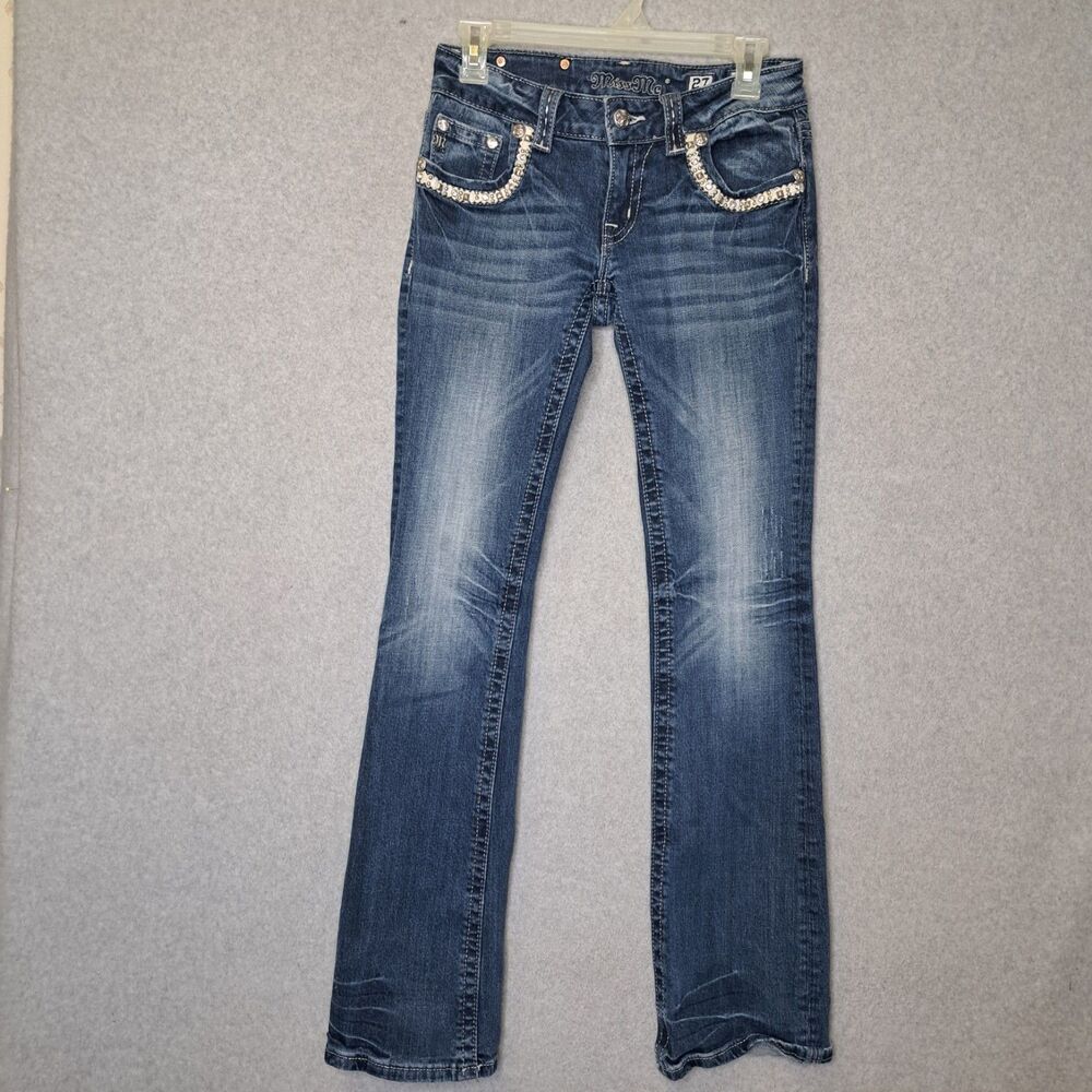 Miss Me Boot Cut Low Rise Jeans 27 Jewel Embellished Flap Pockets JW6066B